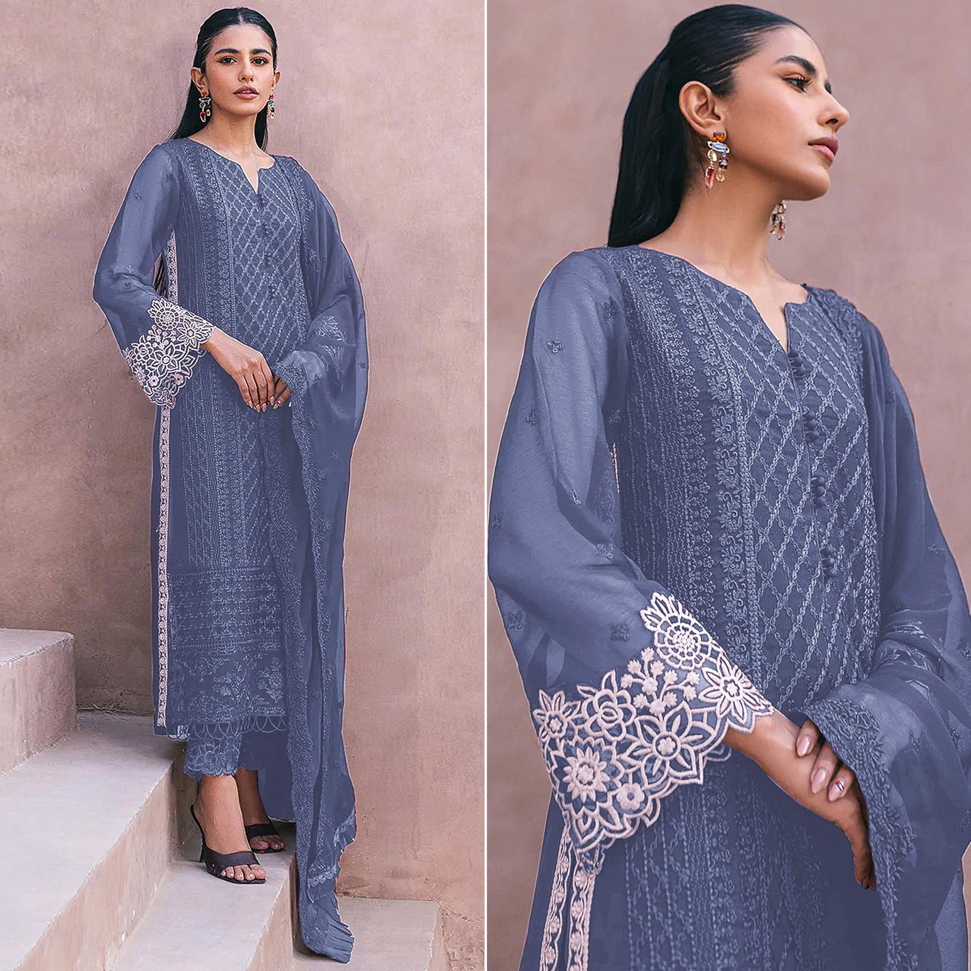 Bluish Grey Sequins Embroidered Georgette Dress Material