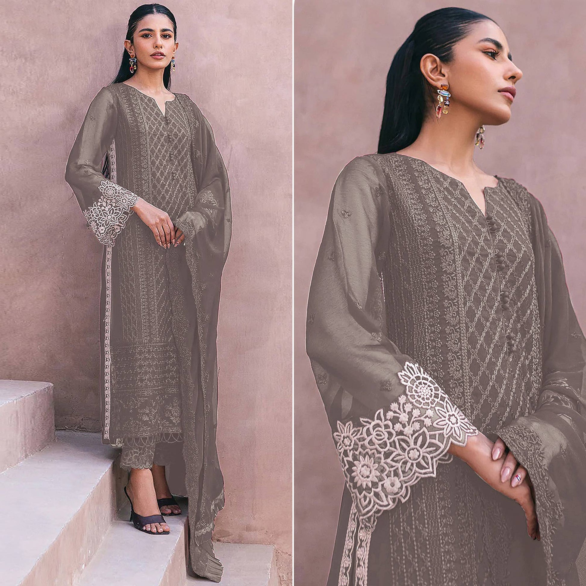 Dusty Grey Sequins Embroidered Georgette Dress Material