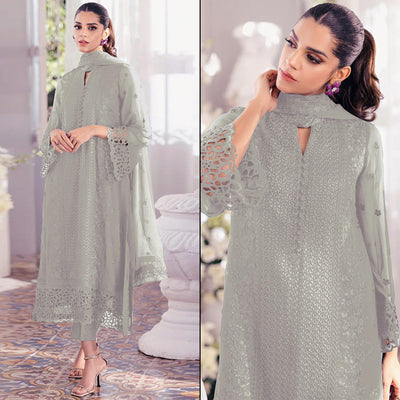 Dusty Pista Green Sequins Embroidered Georgette Dress Material