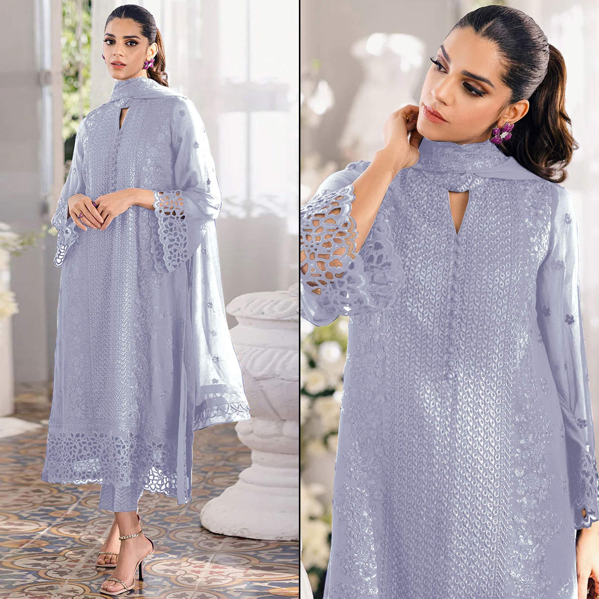 Dusty Lavender Sequins Embroidered Georgette Dress Material