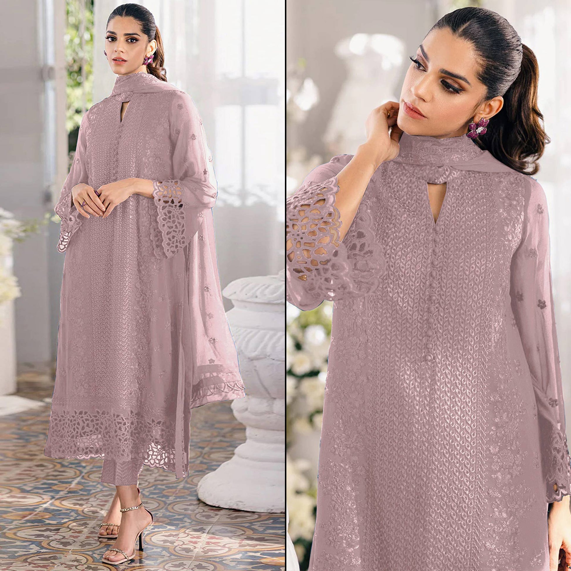 Misty Rose Pink Sequins Embroidered Georgette Dress Material