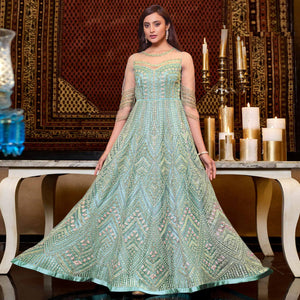 Cyan Blue Embroidered Heavy Net Semi Stitched Anarkali Suit