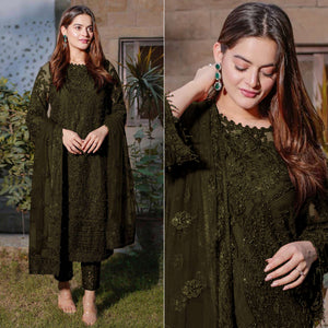 Mehandi Green Embroidered Georgette Semi Stitched Pakistani Suit