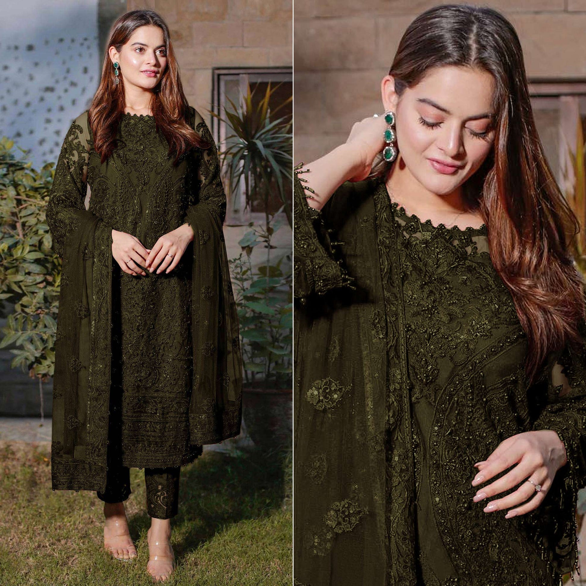 Mehandi Green Embroidered Georgette Semi Stitched Pakistani Suit