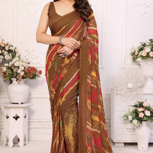 Brown Printed Georgette Saree Saree With Tassels