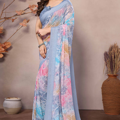 Grey Printed Georgette Saree Saree With Tassels