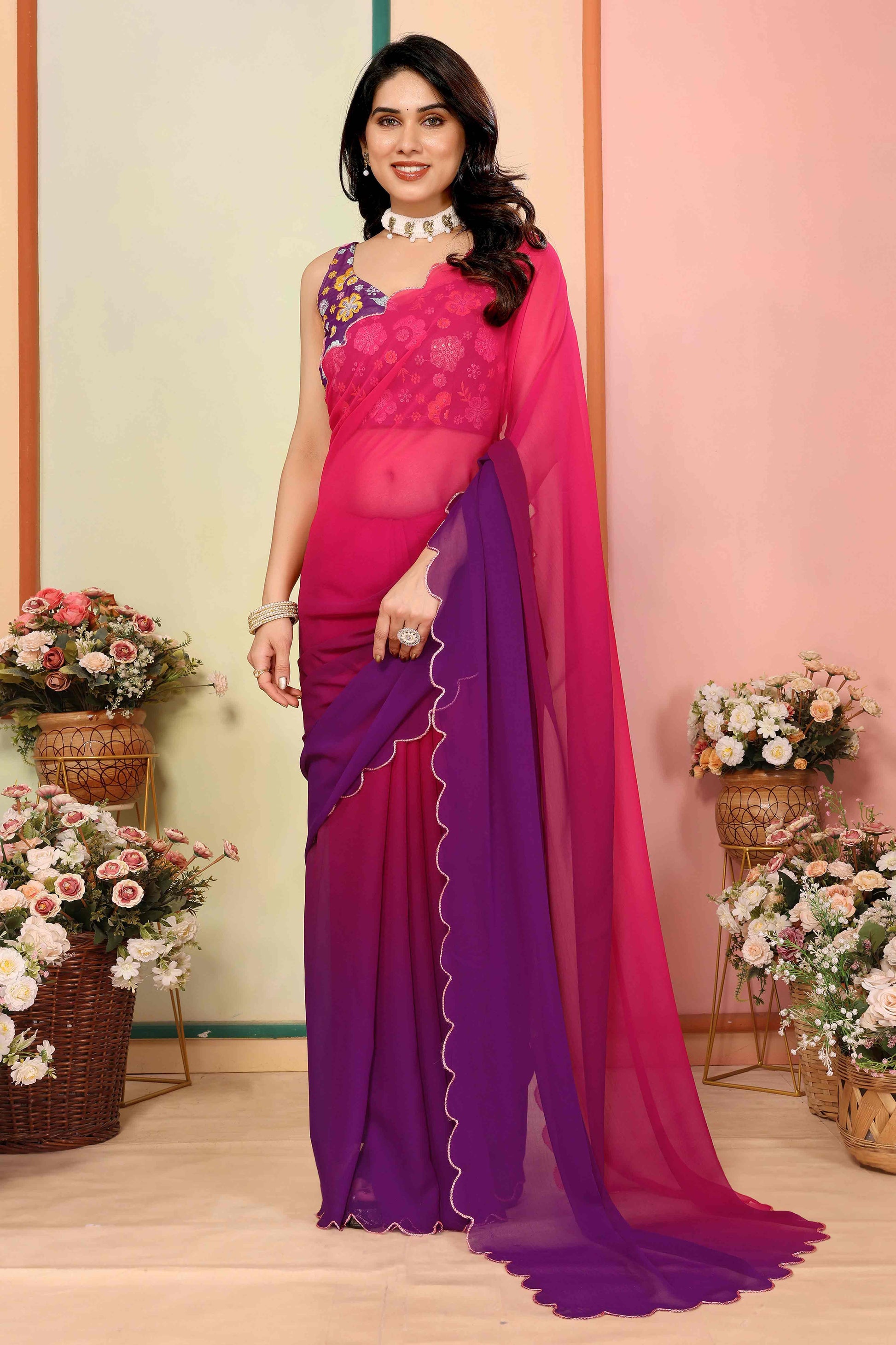Magenta Solid Georgette Ombre Saree