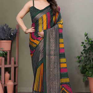 Dark Green Striped Foil Printed Moss Satin Saree Saree With Tassels