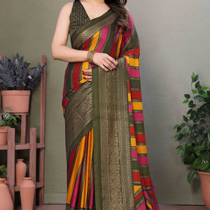 Mehendi Green Striped Foil Printed Moss Satin Saree Saree With Tassels