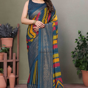 Morpich Striped Foil Printed Moss Satin Saree Saree With Tassels