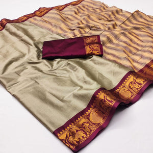 Chikoo Woven Cotton Silk Saree With Tassels