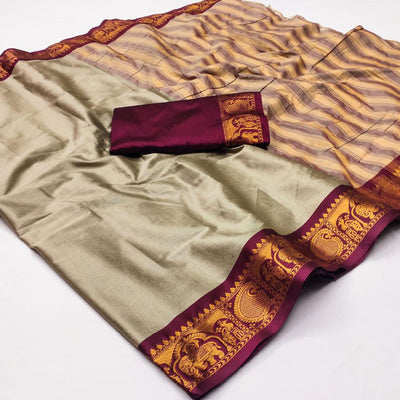 Chikoo Woven Cotton Silk Saree With Tassels