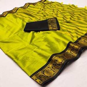 Lemon Yellow Woven Cotton Silk Saree With Tassels