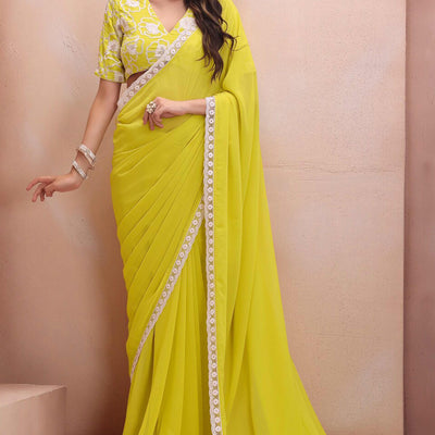 Lemon Yellow Solid Georgette Saree With Embroidered Border