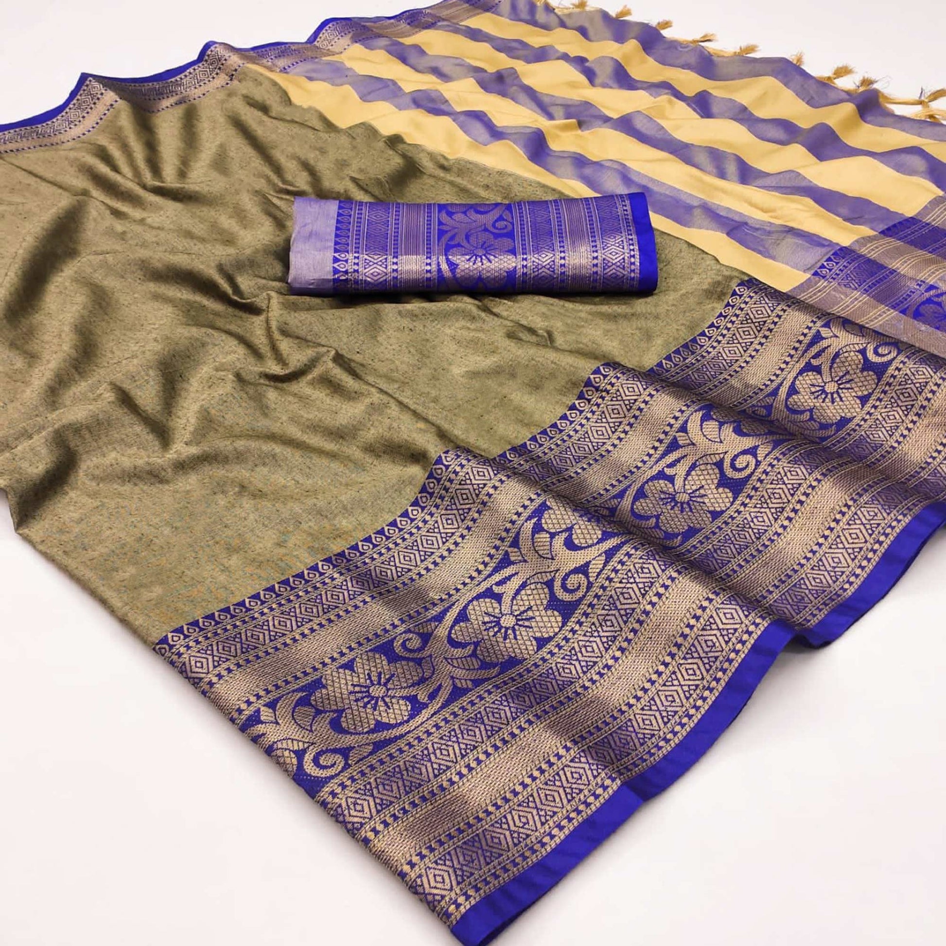 Chikoo Floral Woven Cotton Silk Saree With Tassels