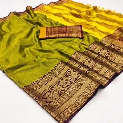 Lemon Green Floral Woven Cotton Silk Saree With Tassels