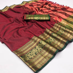 Maroon Floral Woven Cotton Silk Saree With Tassels