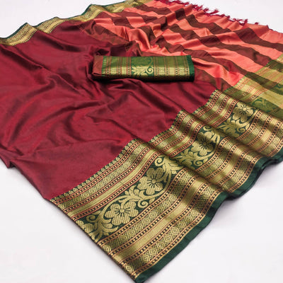Maroon Floral Woven Cotton Silk Saree With Tassels