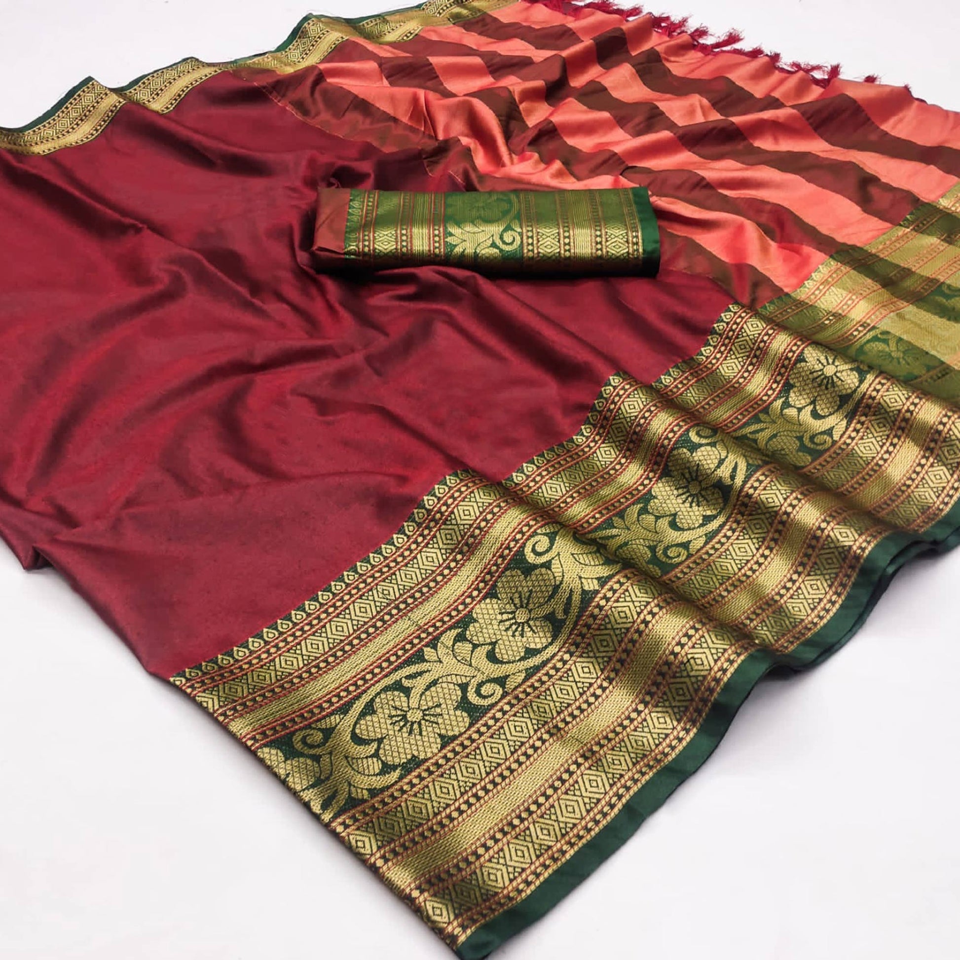 Maroon Floral Woven Cotton Silk Saree With Tassels