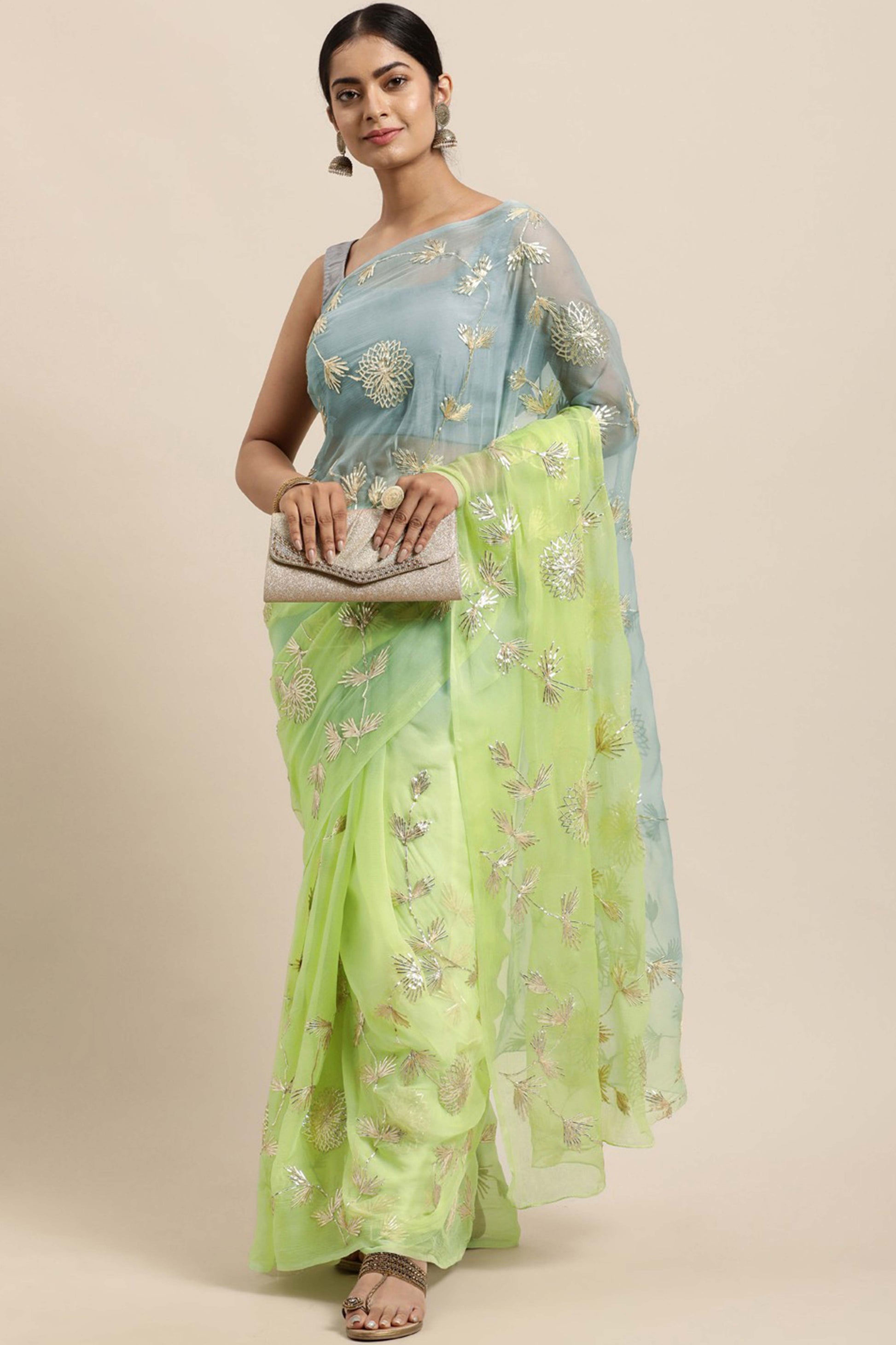 green-grey-floral-gota-patti-work-organza-silk-half-half-saree