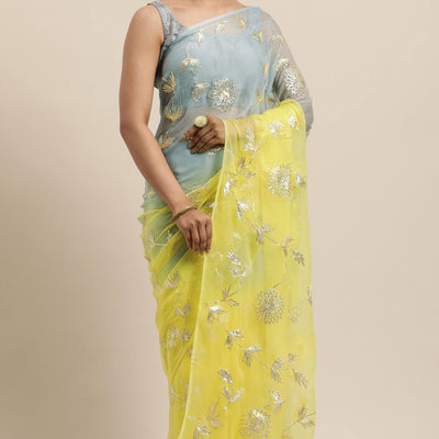 Lemon Yellow & Grey Floral Gota Patti Work Organza Silk Half & Half Saree