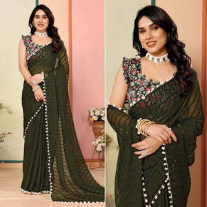 Mehandi Green Woven Striped Pattern Georgette Saree