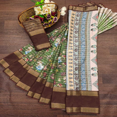Mehandi Green Floral Digital Printed Cotton Silk Saree