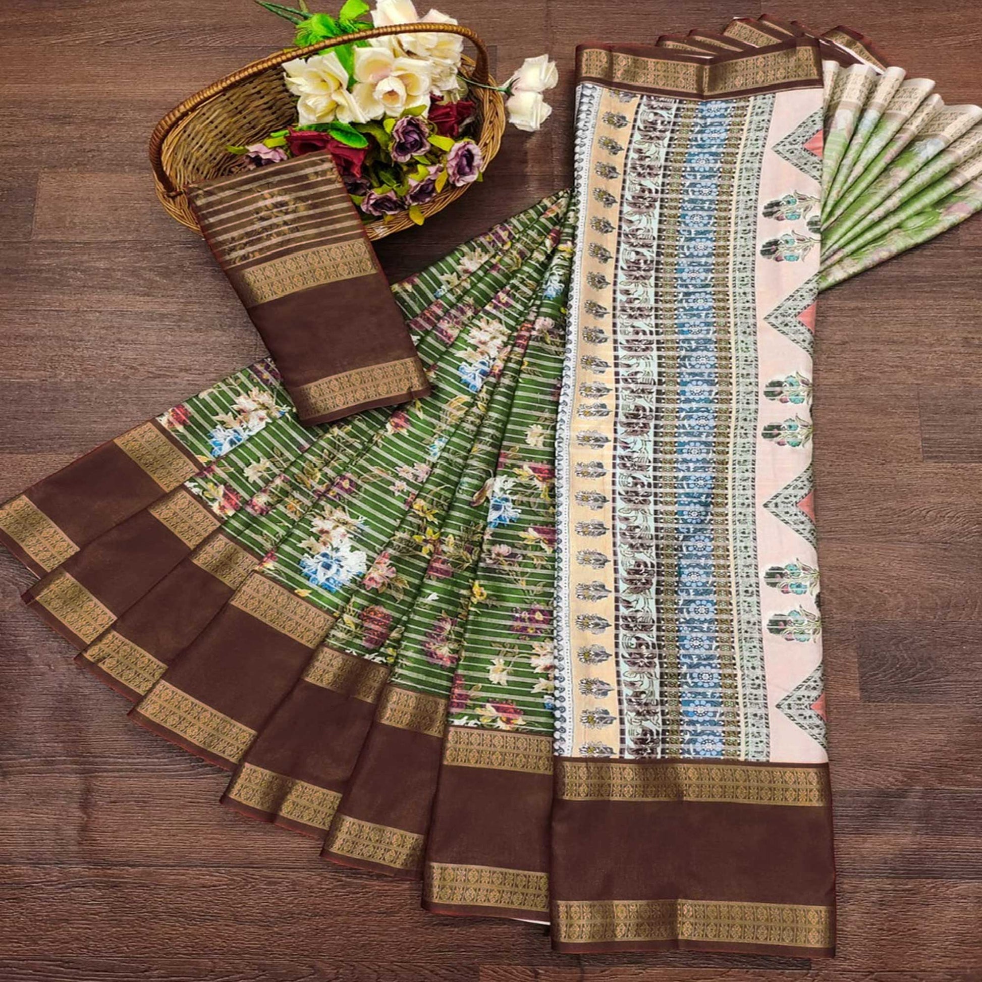 Mehandi Green Floral Digital Printed Cotton Silk Saree