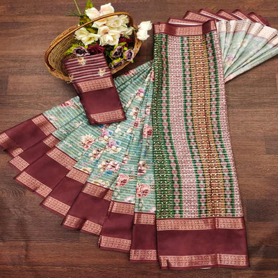 Mint Green Floral Digital Printed Cotton Silk Saree