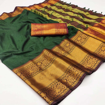 Bottle Green Woven Cotton Silk Saree With Tassels