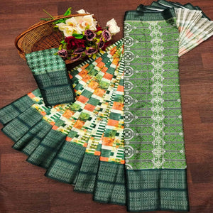 Bottle Green Floral Digital Printed Cotton Silk Saree