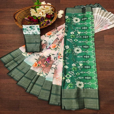 Dark Green Floral Digital Printed Cotton Silk Saree