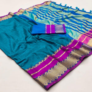 Blue Woven Cotton Silk Saree With Tassels