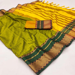 Lemon Green Woven Cotton Silk Saree With Tassels
