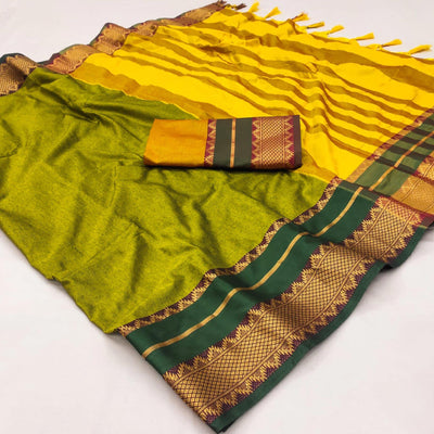 Lemon Green Woven Cotton Silk Saree With Tassels
