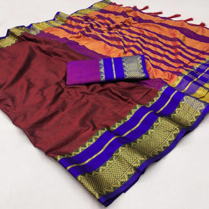 Maroon Woven Cotton Silk Saree With Tassels