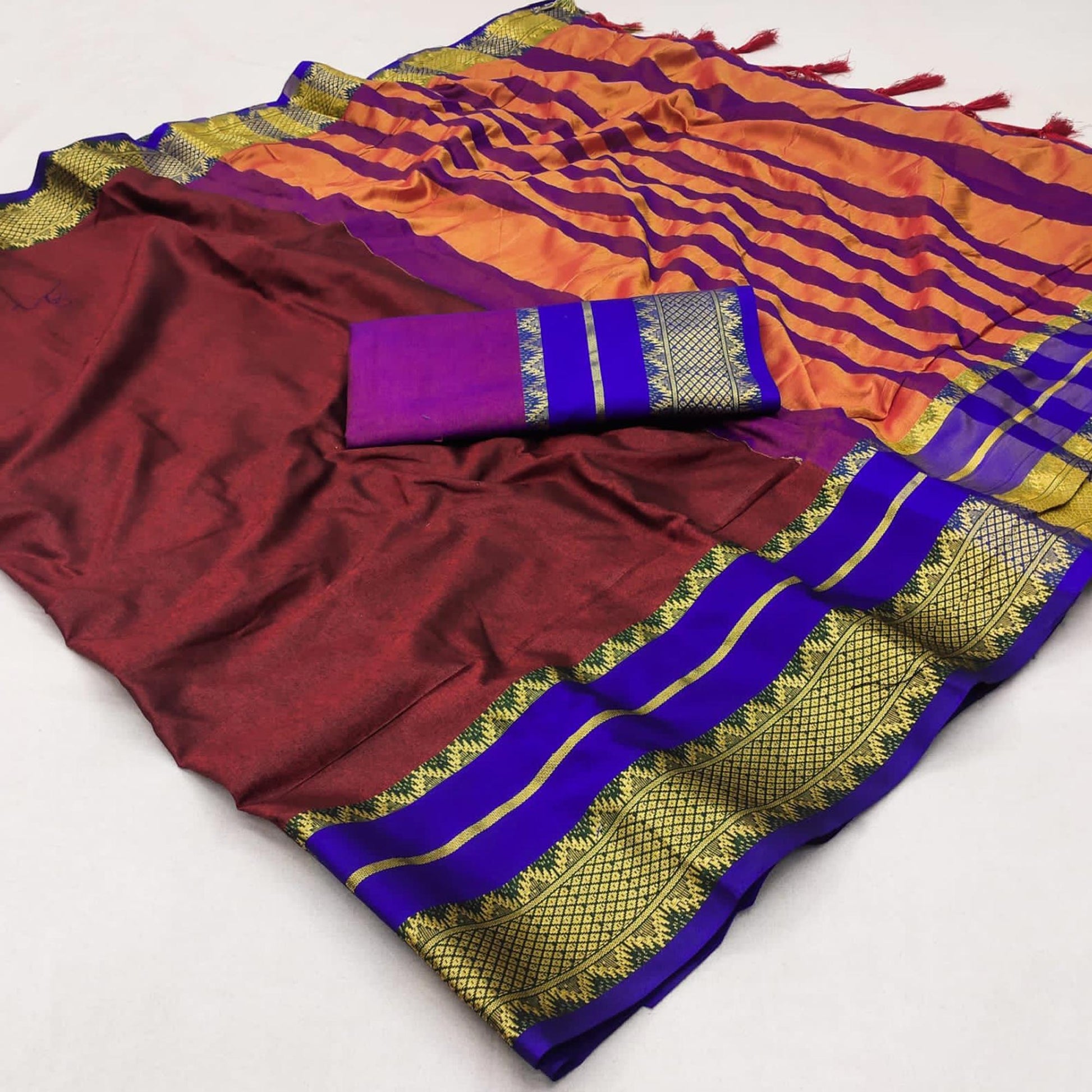 Maroon Woven Cotton Silk Saree With Tassels