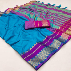 Blue Woven Cotton Silk Saree With Tassels