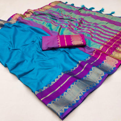 Blue Woven Cotton Silk Saree With Tassels