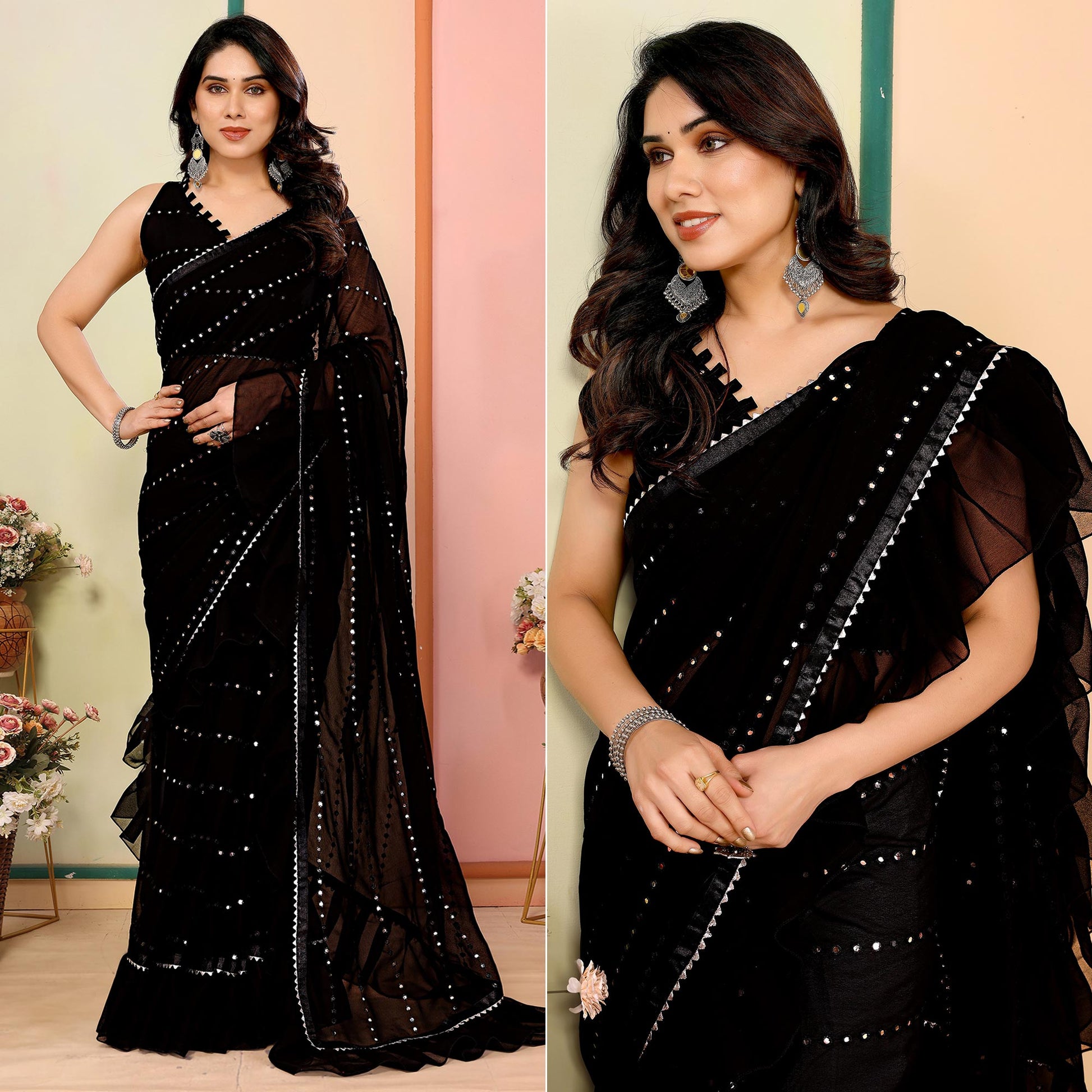 Black Mirror Work Embroidered Georgette Saree With Ruffle Border