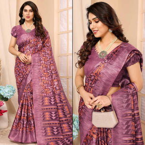 Dark Mauve Floral Printed Khadi Saree