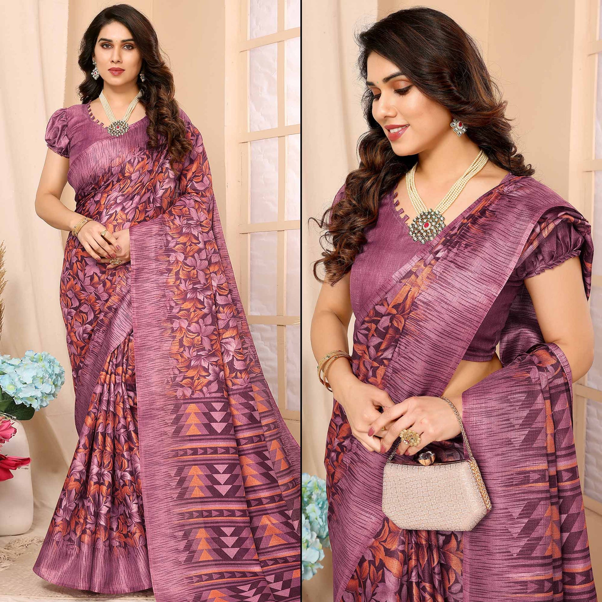 Dark Mauve Floral Printed Khadi Saree