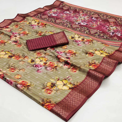Chikoo Floral Digital Printed Cotton Silk Saree With Woven Border