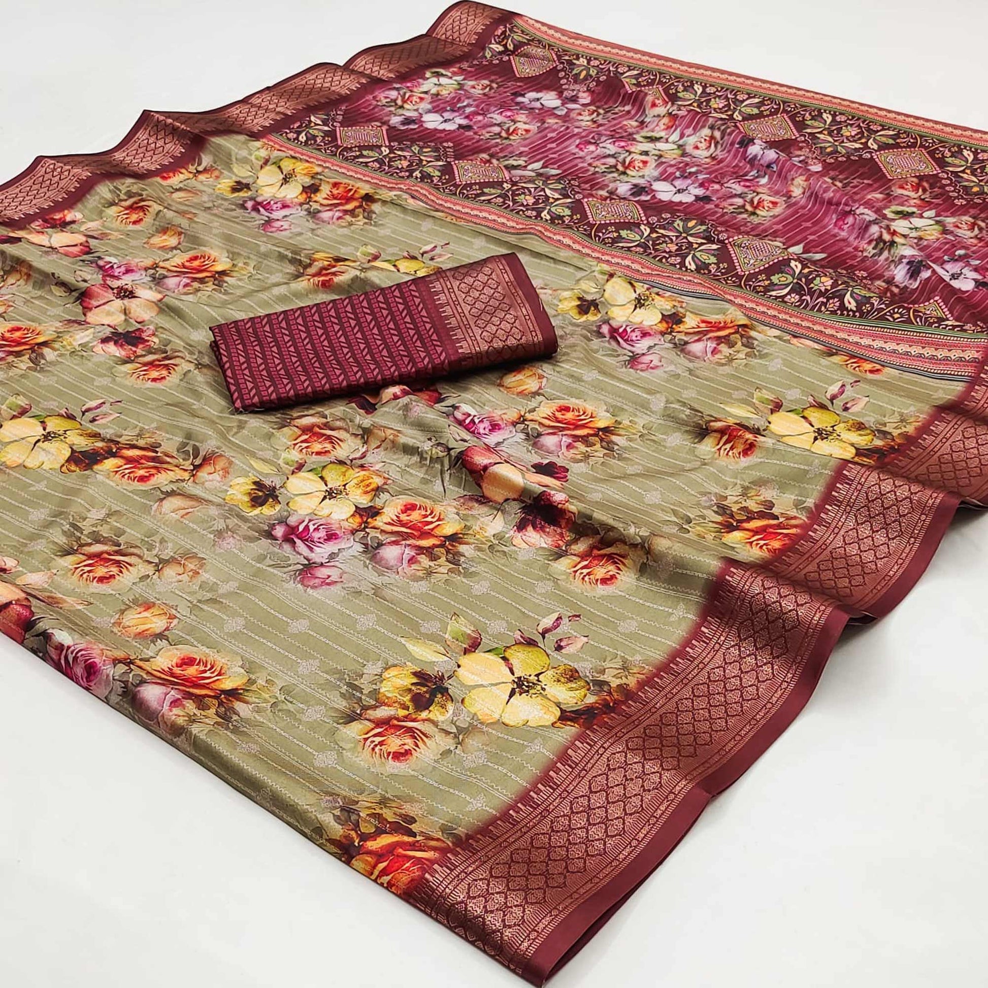 Chikoo Floral Digital Printed Cotton Silk Saree With Woven Border