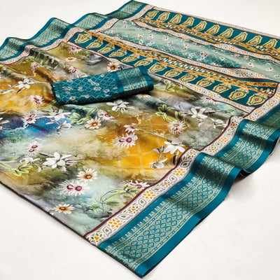 Morpich & Mustard Floral Digital Printed Cotton Silk Saree With Woven Border