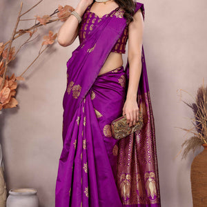 Magenta Floral Woven Banarasi Silk Saree