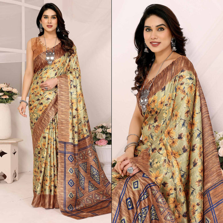 Beige Floral Printed Khadi Saree