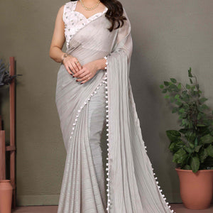 Grey Zari Woven Satin Saree With Pompom Border