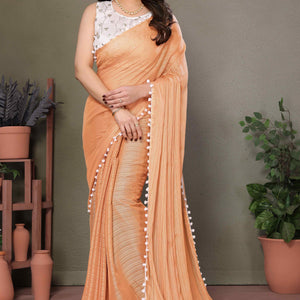 Light Orange Zari Woven Satin Saree With Pompom Border