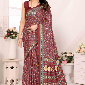 Maroon Floral Printed Silk Crepe Saree